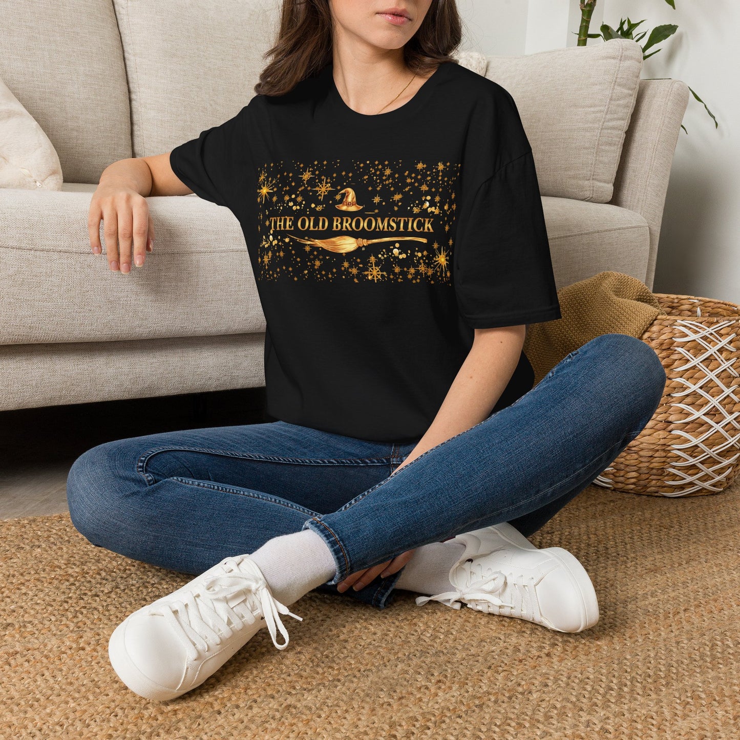 Witchy Graphic T-Shirt — “The Old Broomstick” Gold Star Design