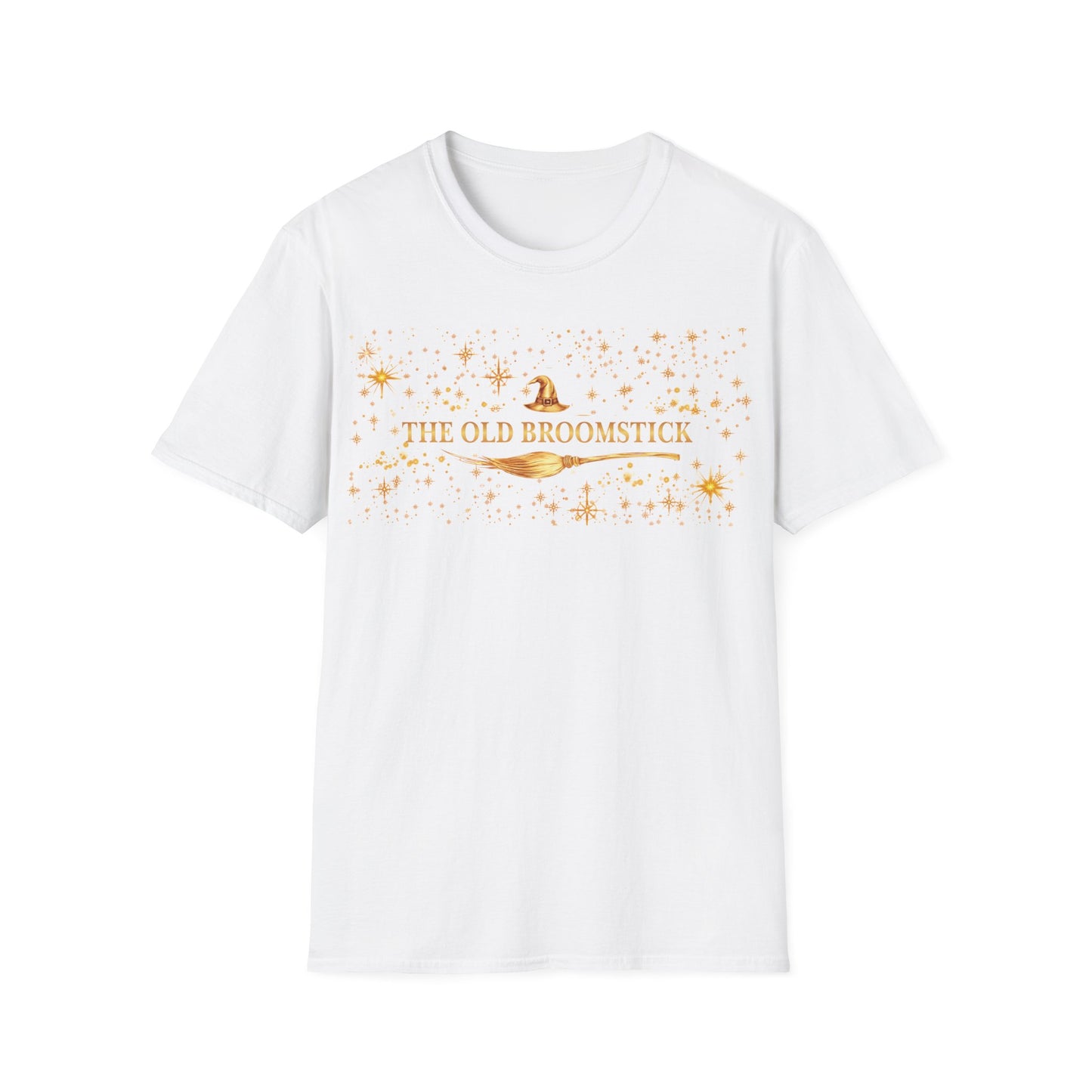 Witchy Graphic T-Shirt — “The Old Broomstick” Gold Star Design