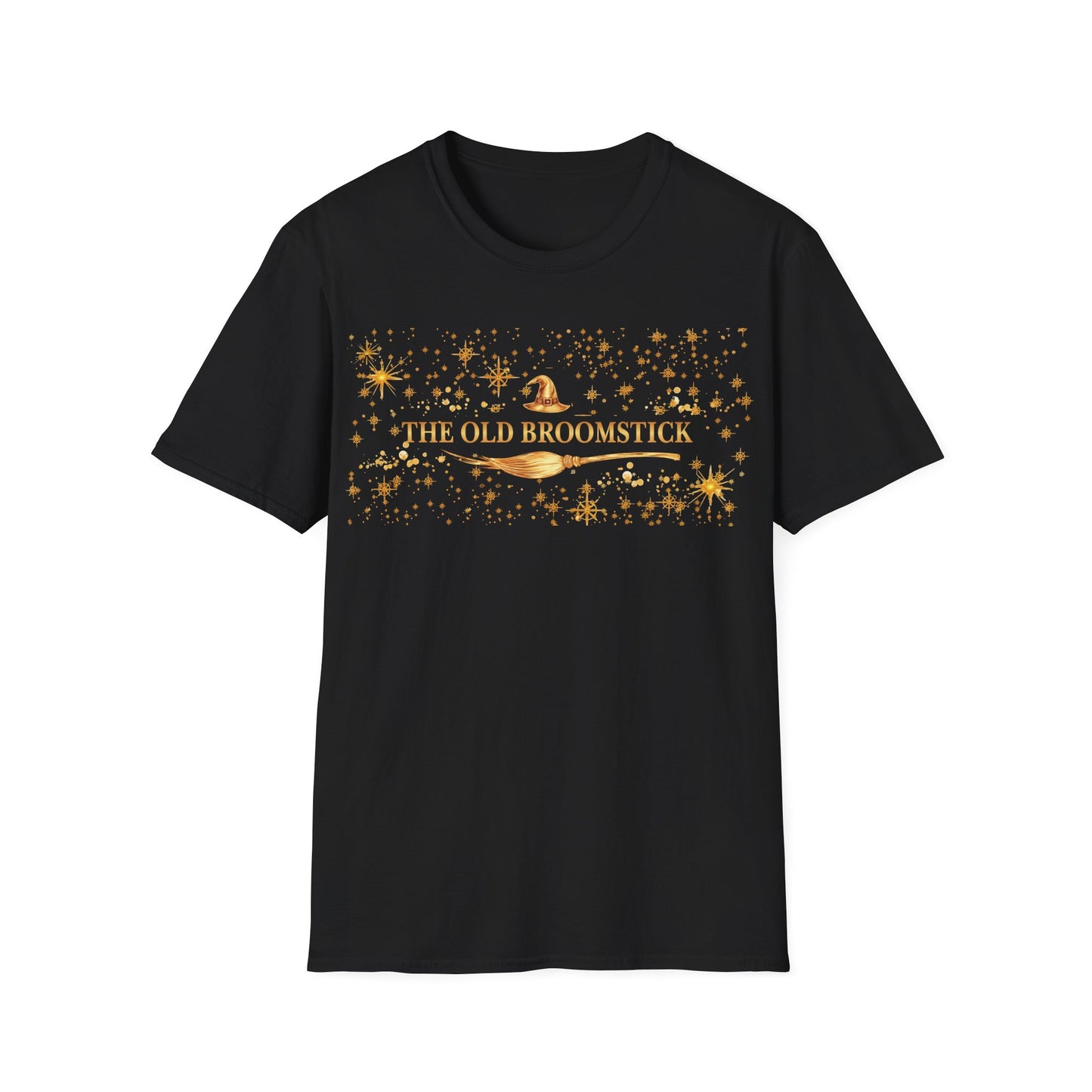 Witchy Graphic T-Shirt — “The Old Broomstick” Gold Star Design