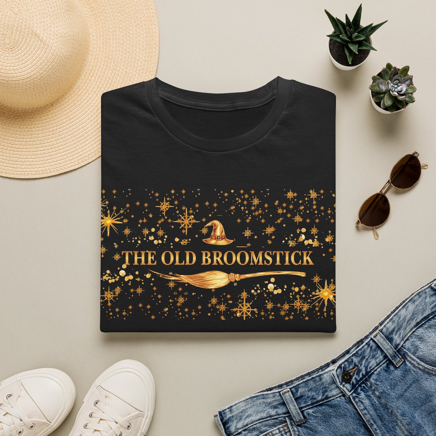 Witchy Graphic T-Shirt — “The Old Broomstick” Gold Star Design