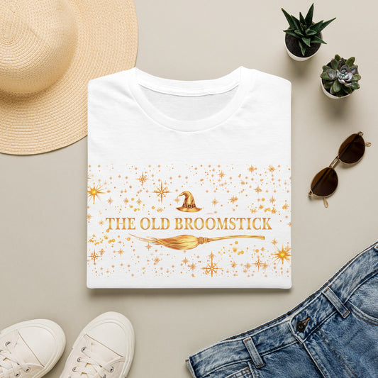 Witchy Graphic T-Shirt — “The Old Broomstick” Gold Star Design