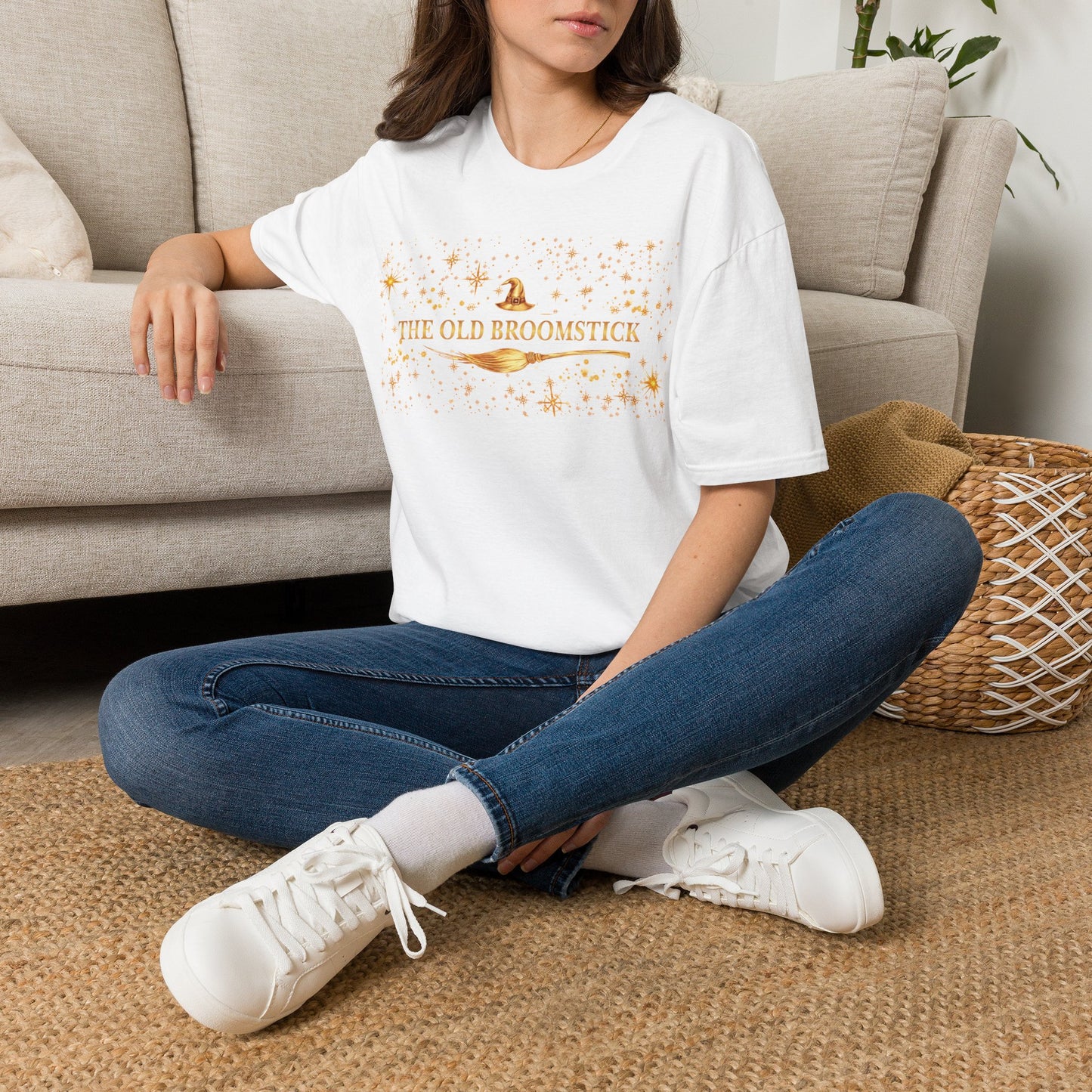 Witchy Graphic T-Shirt — “The Old Broomstick” Gold Star Design